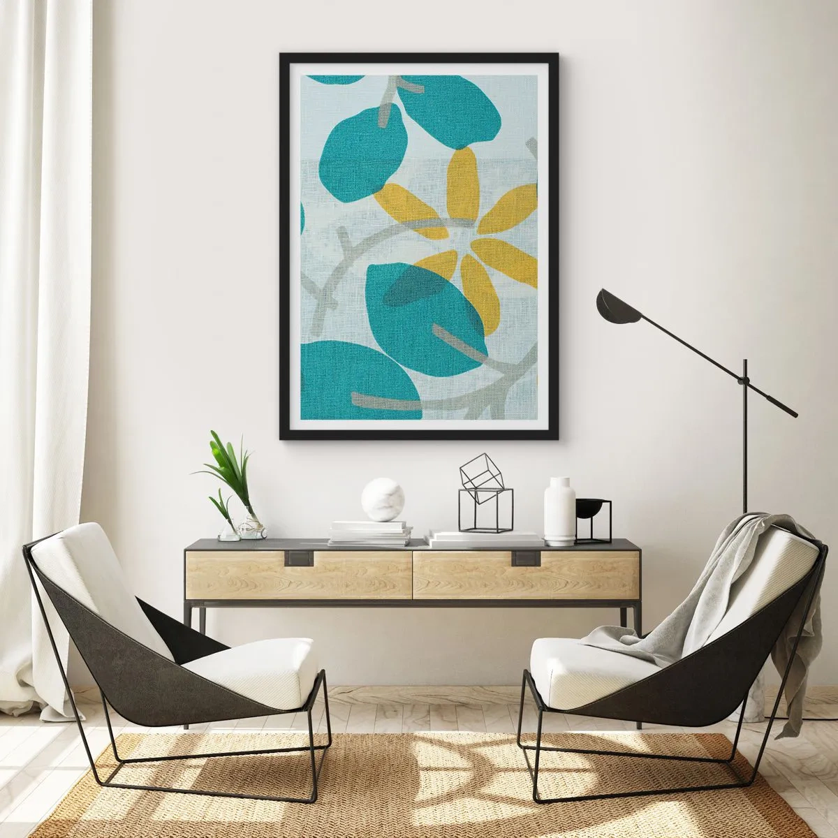 Affiche dans un cadre noir - Poster - Graphismes botaniques modernes dans des tons de bleu et de jaune - 50x70cm - Wśród lazurowych liści - Décoration murale moderne pour le salon et la chambre ARTTOR
