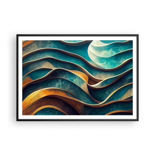 Affiche dans un cadre noir - Poster - Vagues abstraites dans des tons turquoise et or - 100x70cm - Méandres de bleu - Décoration murale moderne pour le salon et la chambre ARTTOR