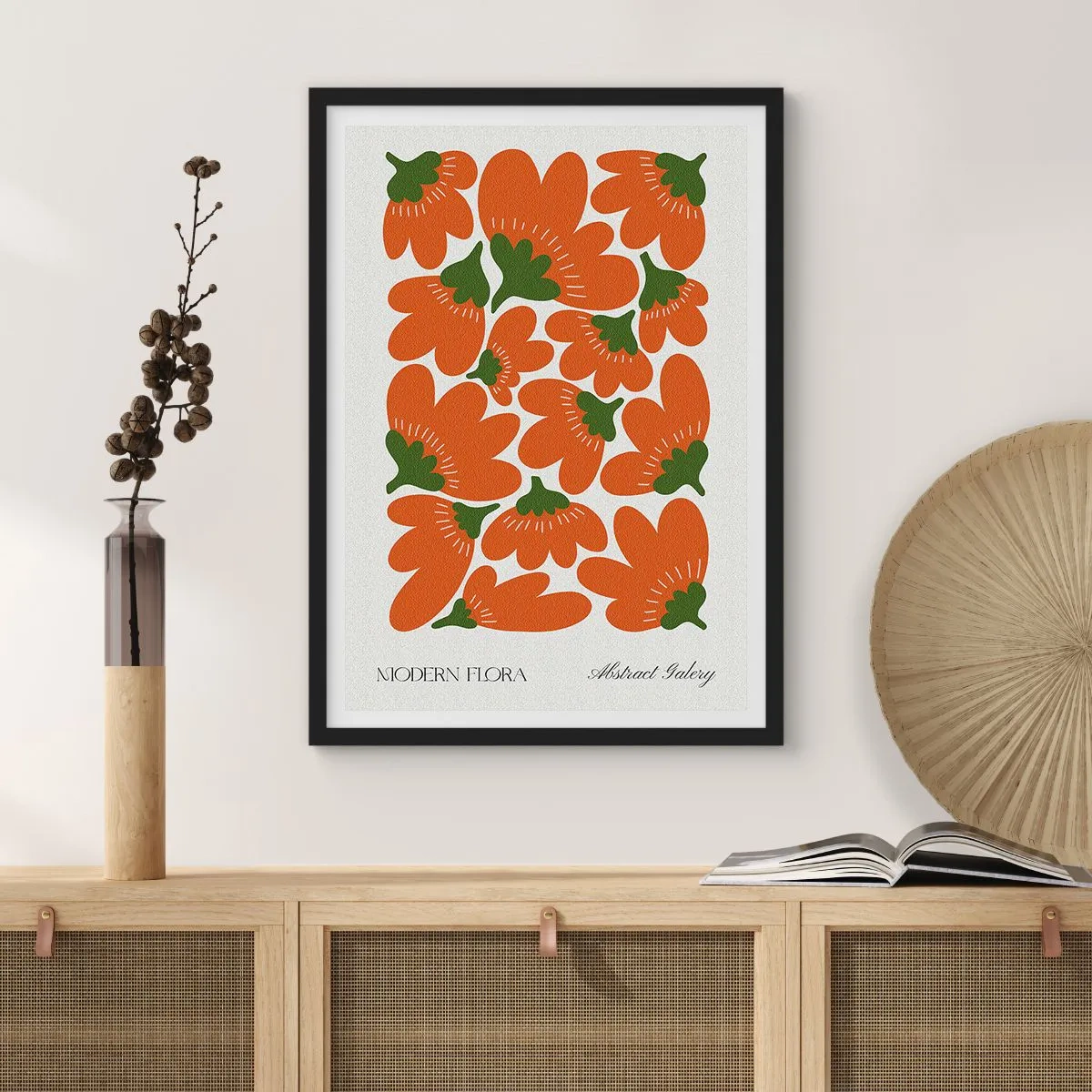 Affiche dans un cadre noir - Poster - Fleurs orange abstraites sur fond clair - 50x70cm - La vie des fleurs - Décoration murale moderne pour le salon et la chambre ARTTOR