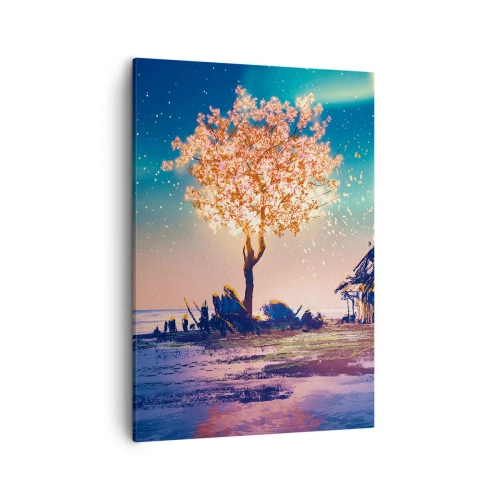 Impression sur toile - Image sur toile - Une maison et un arbre en fleurs sous le ciel nocturne - 50x70cm - La nature ne passe pas - Décoration murale moderne pour le salon et la chambre ARTTOR