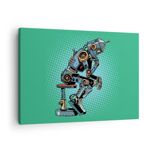 Impression sur toile - Image sur toile - Robot penseur de style pop art sur fond vert - 70x50cm - Au-dessus de l'essence de l'être - Décoration murale moderne pour le salon et la chambre ARTTOR