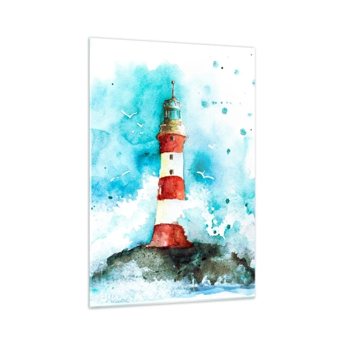 Impression sur verre - Image sur verre - Un phare dans un décor aquarelle sur fond bleu - 70x100cm - Unité des éléments - Décoration murale moderne pour le salon et la chambre ARTTOR