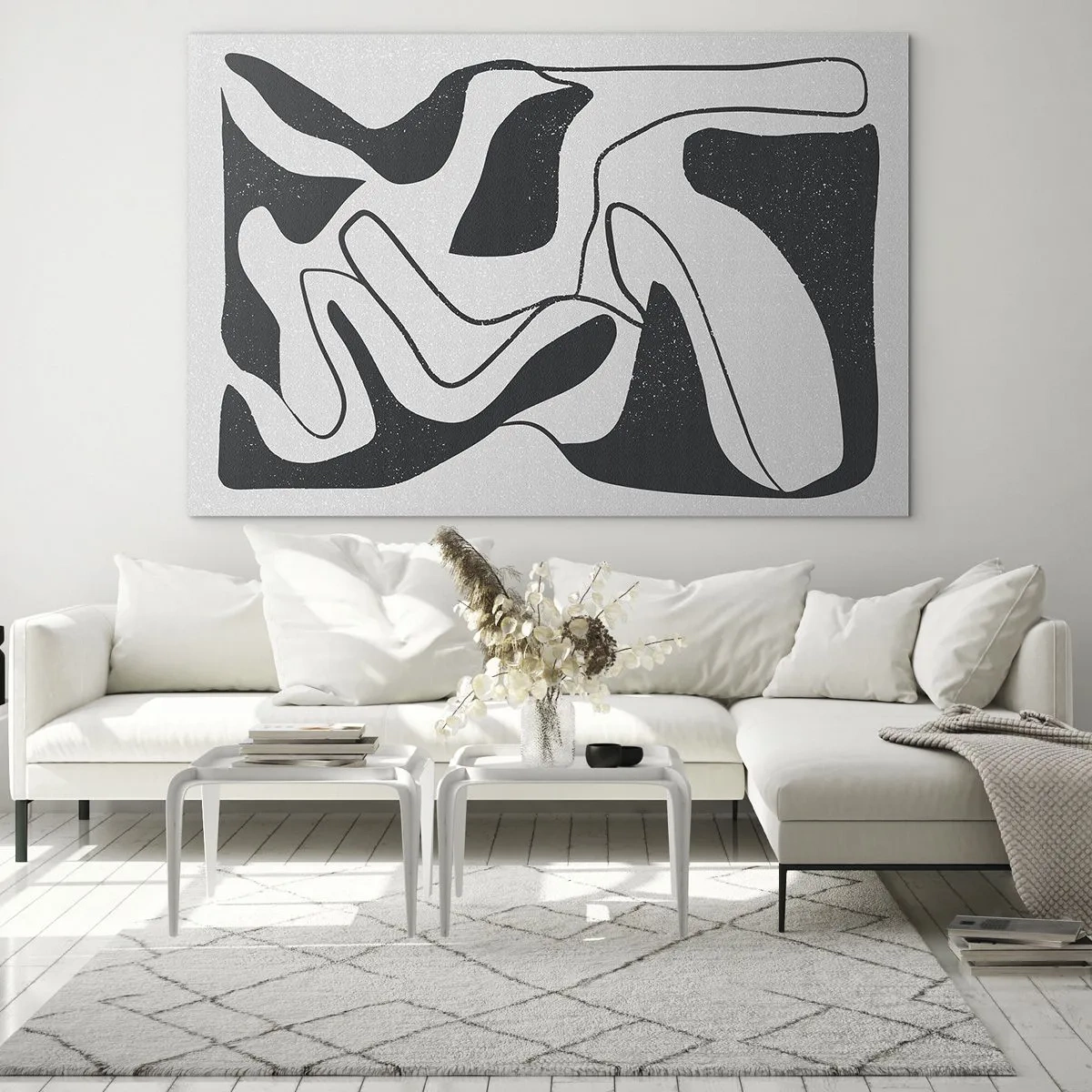 Impression sur verre - Image sur verre - Formes abstraites en noir et blanc ressemblant à un labyrinthe - 70x50cm - Amusement de labyrinthe abstrait - Décoration murale moderne pour le salon et la chambre ARTTOR