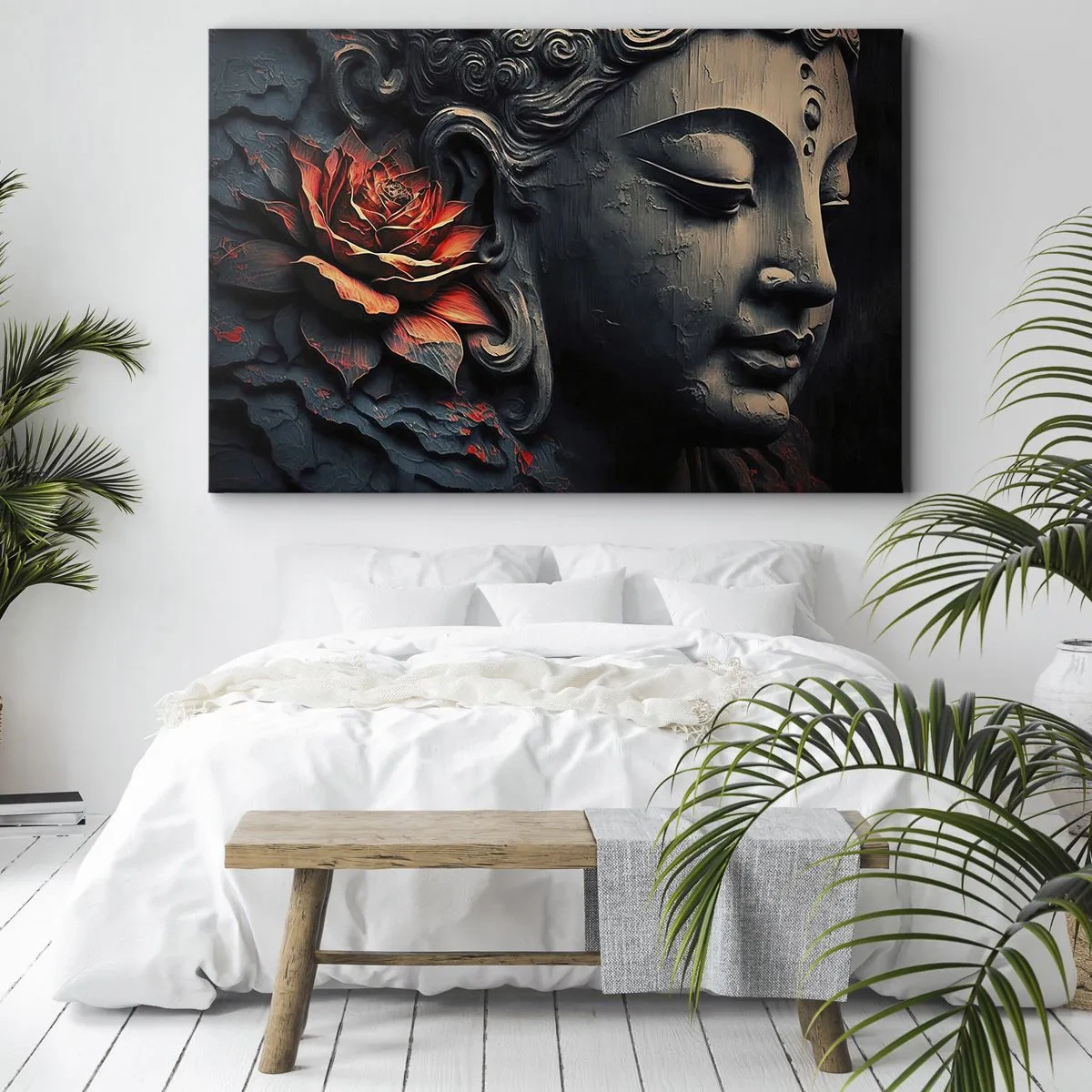 Impression sur toile - Image sur toile - Sculpture de Bouddha avec une fleur de lotus rouge - 70x50cm - En harmonie avec le monde - Décoration murale moderne pour le salon et la chambre ARTTOR