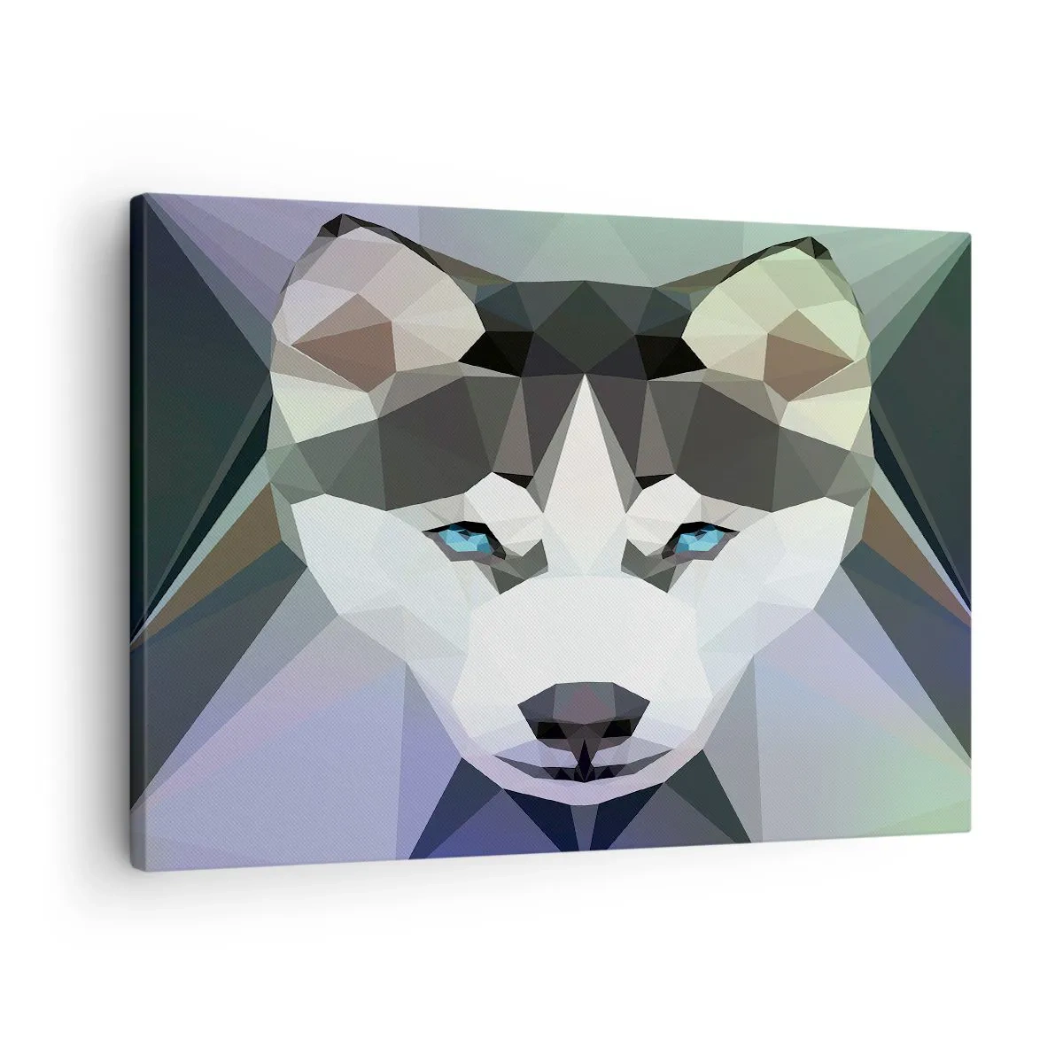 Impression sur toile - Image sur toile - Loup géométrique aux yeux bleus expressifs - 70x50cm - La mémoire des neiges du nord - Décoration murale moderne pour le salon et la chambre ARTTOR