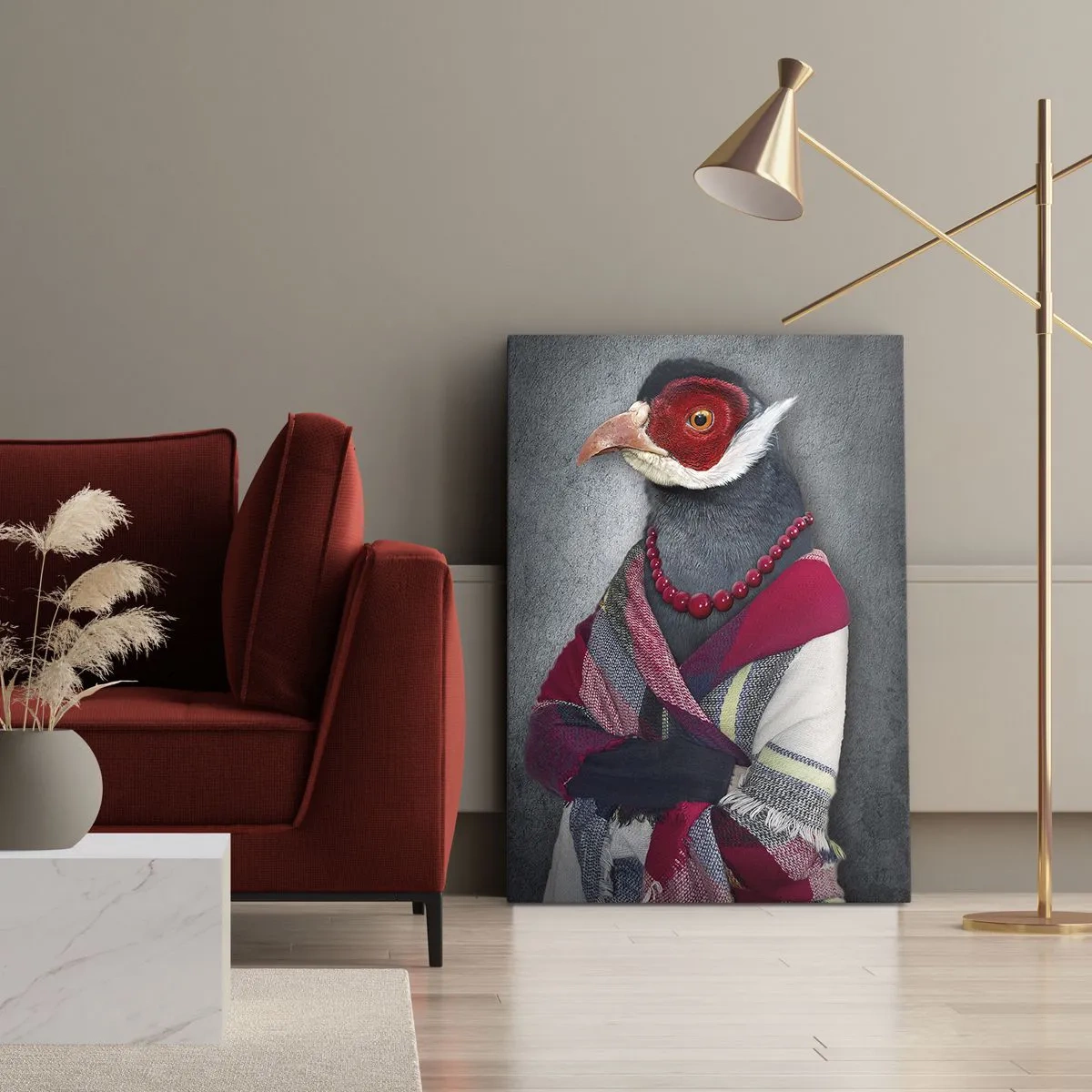 Impression sur toile - Image sur toile - Portraits stylisés d'un loup, d'un faisan et d'un lion en vêtements élégants - 70x100cm - Qu'est ce que je fais ici?! - Décoration murale moderne pour le salon et la chambre ARTTOR