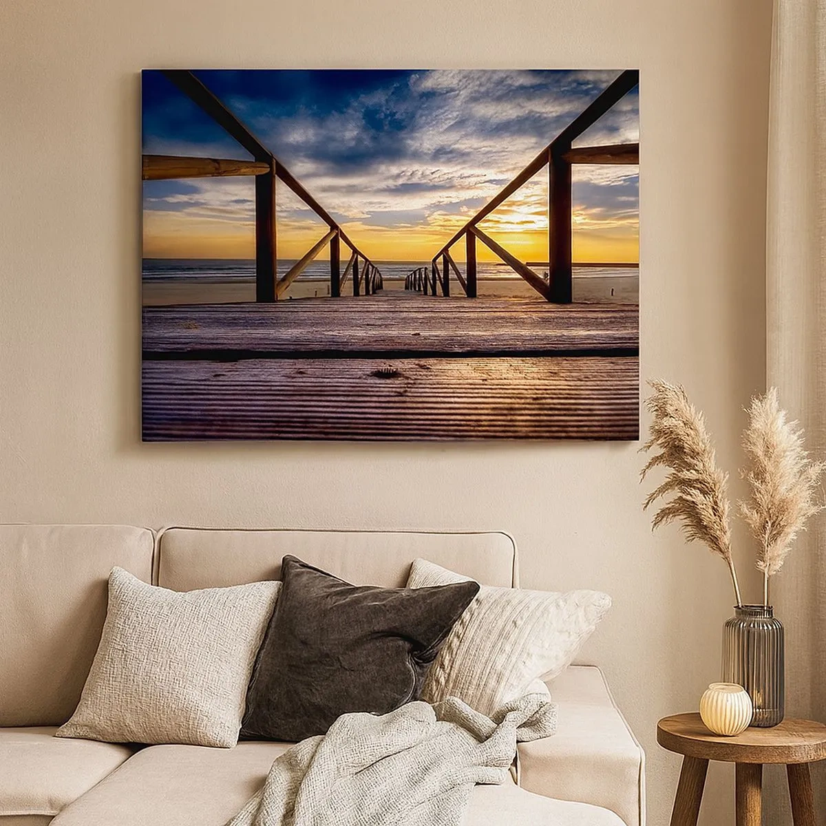 Impression sur toile - Image sur toile - Jetée en bois menant à la plage au coucher du soleil - 70x50cm - Directement sur une plage calme au coucher de soleil - Décoration murale moderne pour le salon et la chambre ARTTOR