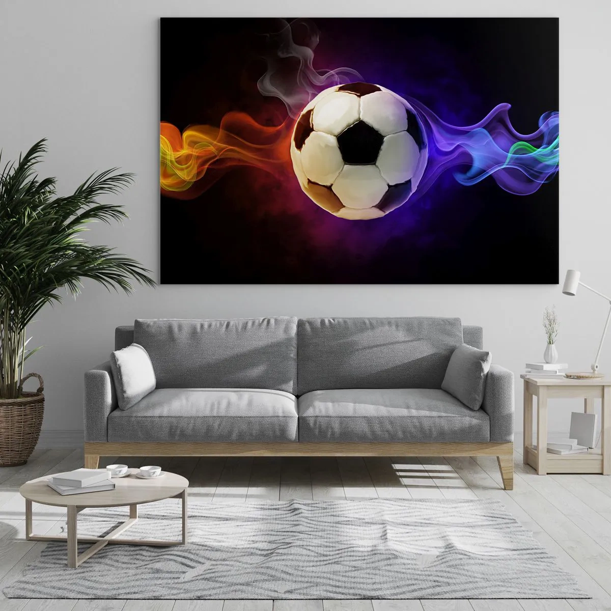 Impression sur verre - Image sur verre - Un ballon de football entouré de stries colorées - 100x70cm - Le pouvoir magique du jeu - Décoration murale moderne pour le salon et la chambre ARTTOR