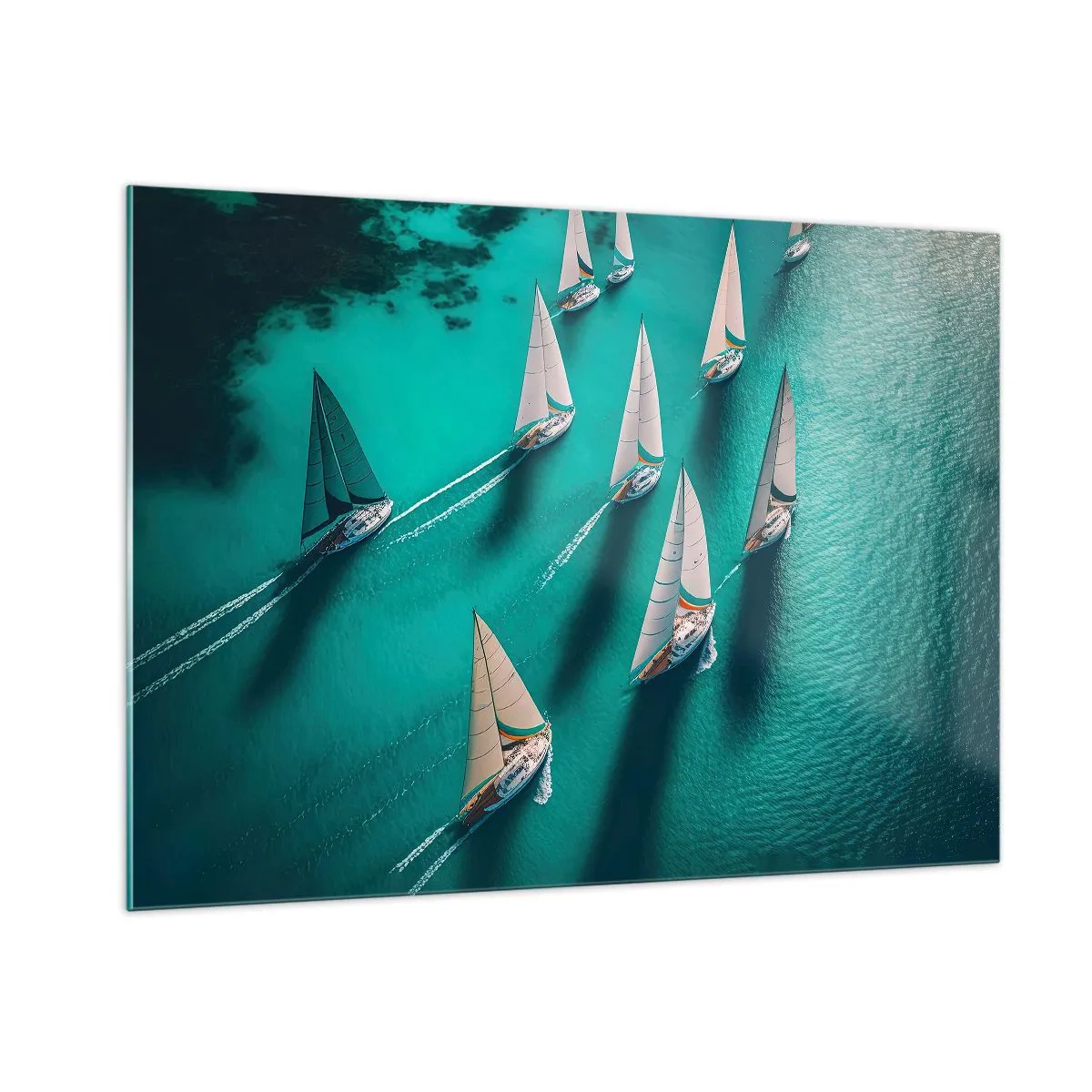 Impression sur verre - Image sur verre - Voiliers sur une eau turquoise capturés à vol d'oiseau - 100x70cm - Dans une compétition avec le vent - Décoration murale moderne pour le salon et la chambre ARTTOR