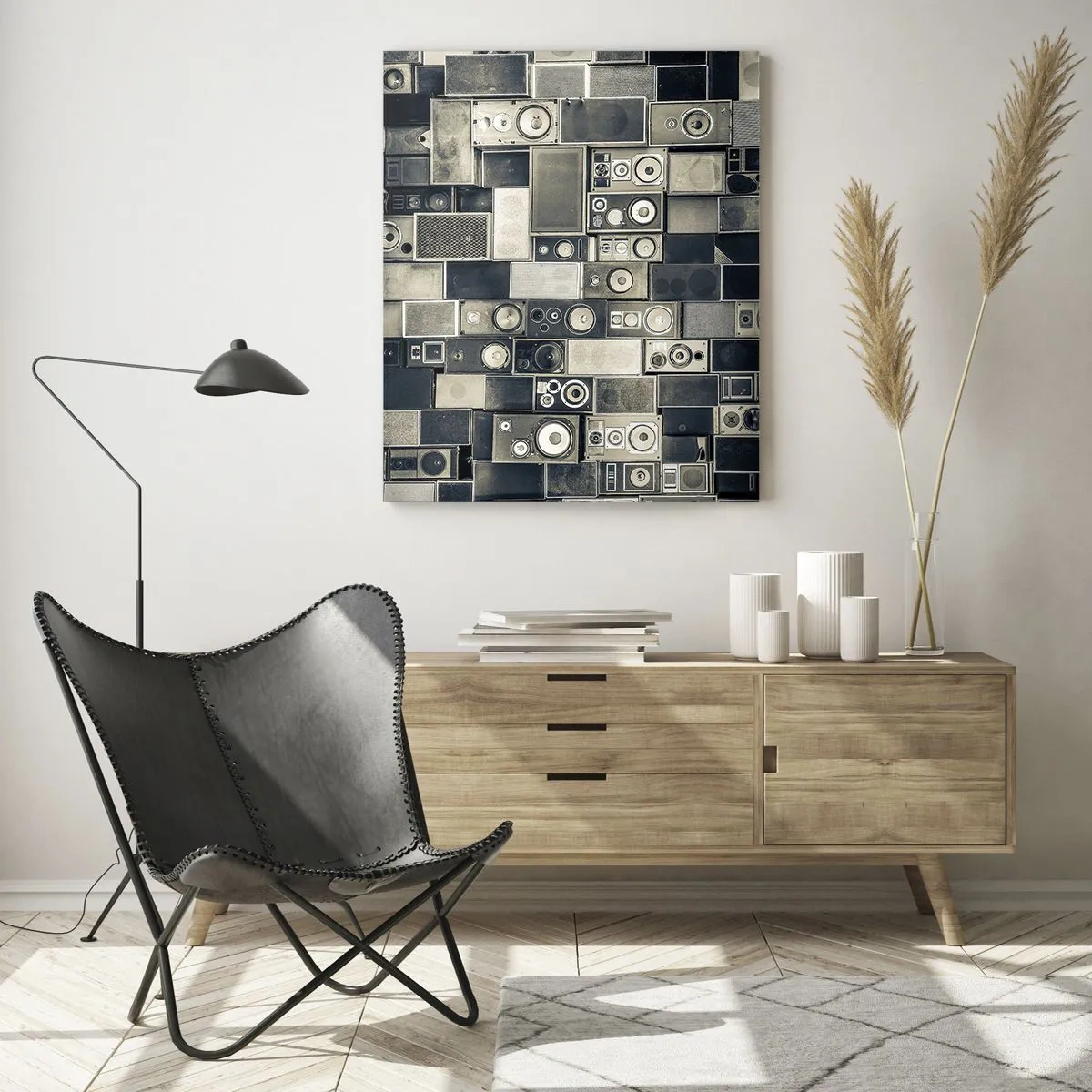 Impression sur verre - Image sur verre - Une composition d'enceintes rétro dans des tons de gris - 50x70cm - Tout va bien - Décoration murale moderne pour le salon et la chambre ARTTOR