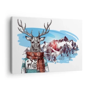 Impression sur toile - Image sur toile - Un cerf dans un pull d'hiver sur fond de paysage de montagne - 70x50cm - Même le cerf ne gèle pas - Décoration murale moderne pour le salon et la chambre ARTTOR