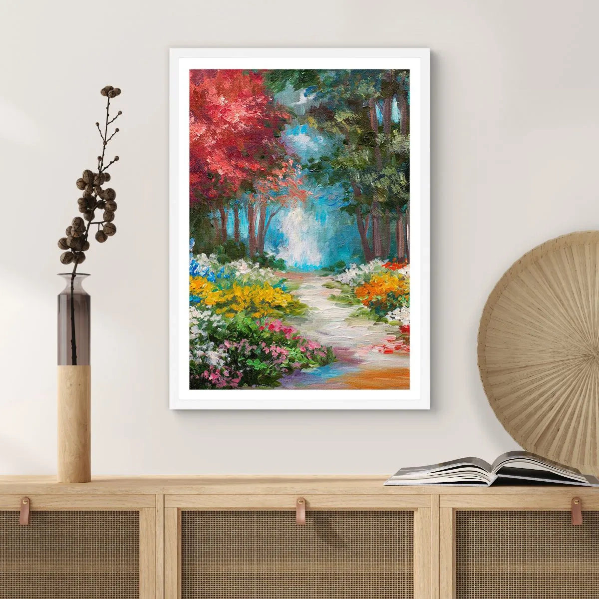 Affiche dans un cadre blanc - Poster - Jardin forestier, forêt de fleurs - 70x100 cm