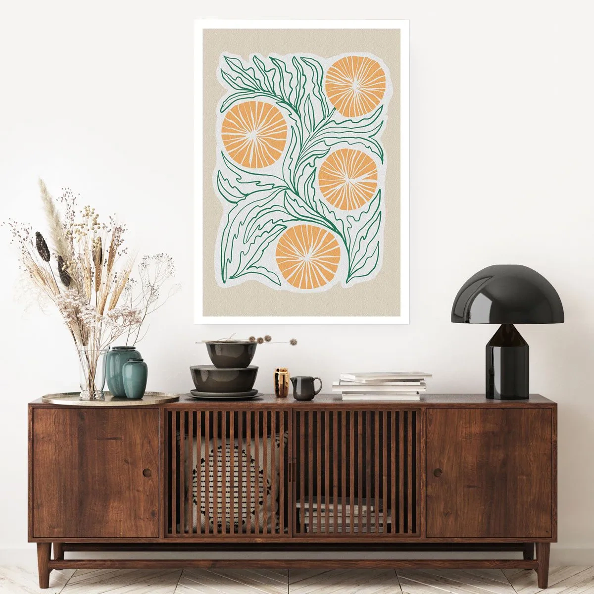 Affiche - Poster - Composition abstraite de feuilles et d'oranges sur fond beige - 50x70cm - Ethnique avec une pointe d'abstraction - Décoration murale moderne pour le salon et la chambre ARTTOR