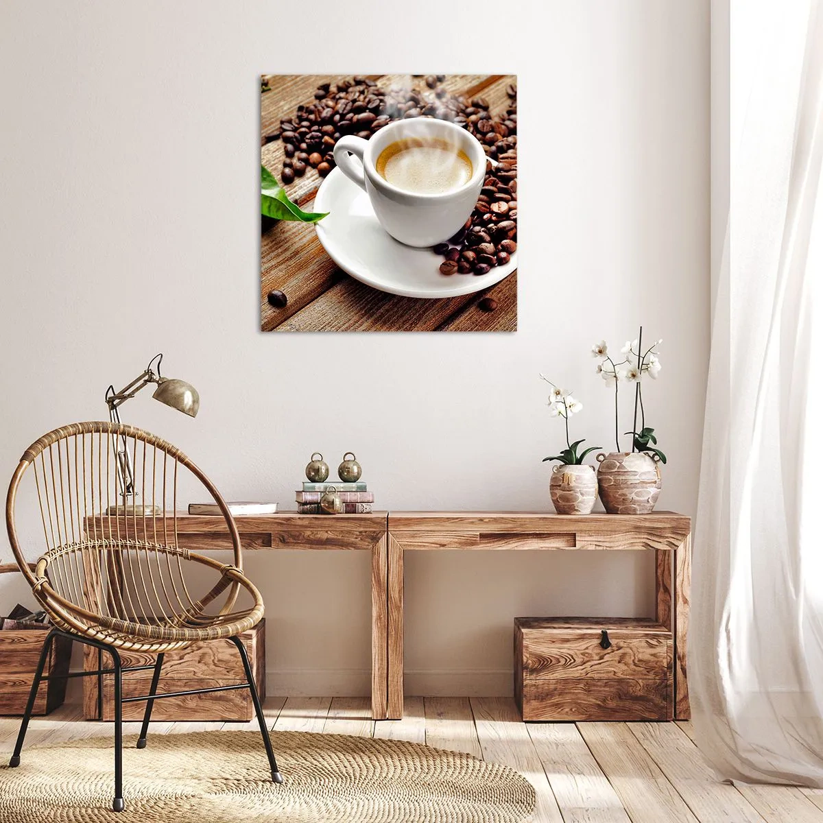 Impression sur toile - Image sur toile - Café sur un banc - 50x50 cm