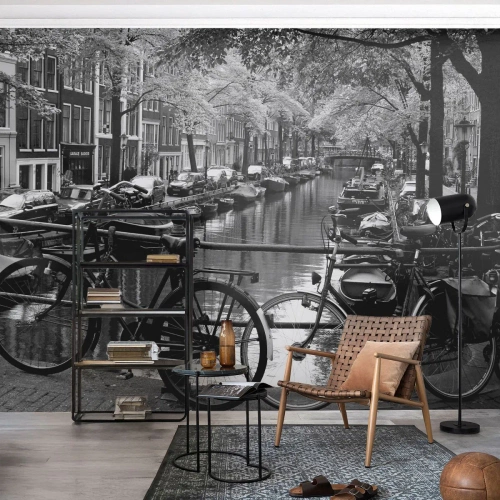 Papier Peint Photo Premium Sand - Une vue très hollandaise - Amsterdam, Vélo, Architecture - 400x280 cm