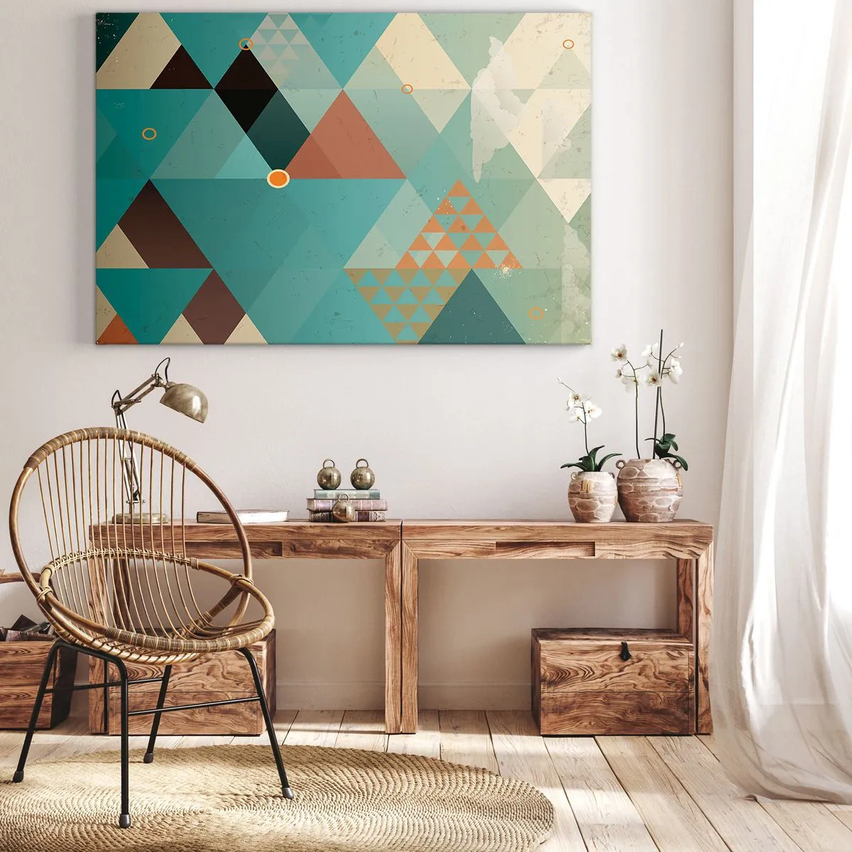 Impression sur toile - Image sur toile - Motifs géométriques dans les tons turquoise et marron - 70x50cm - Unité de la multiplicité, multiplicité de l'unité - Décoration murale moderne pour le salon et la chambre ARTTOR