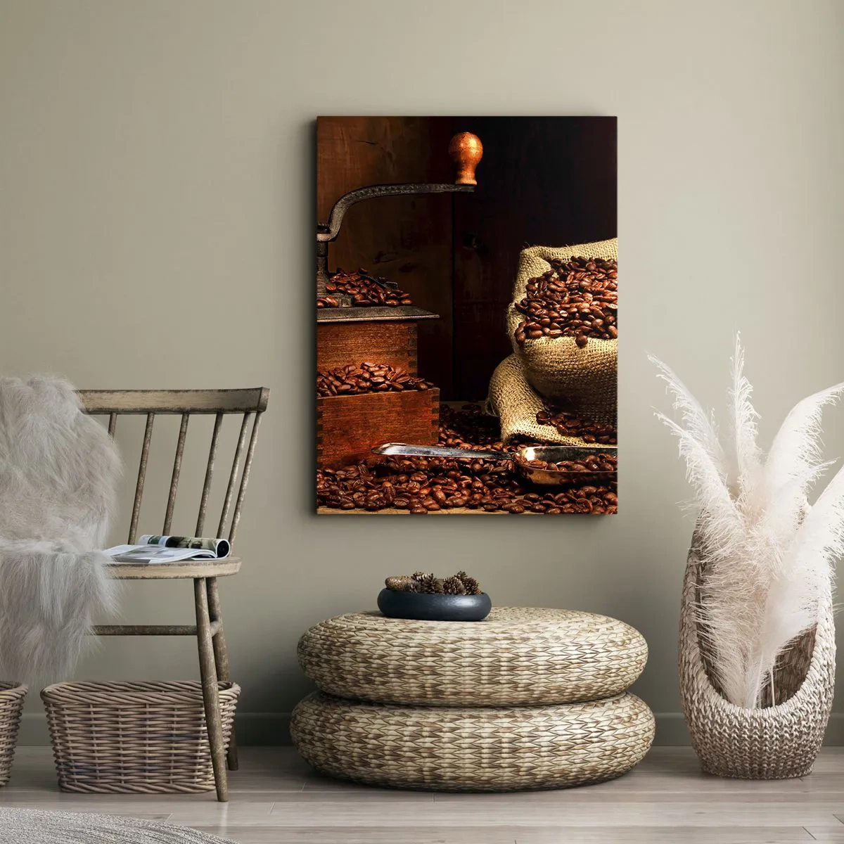 Impression sur toile - Image sur toile - Un vieux moulin à café avec des grains et un sac dans un style rustique. - 70x100cm - Nature morte avec grains de café et moulin - Décoration murale moderne pour le salon et la chambre ARTTOR