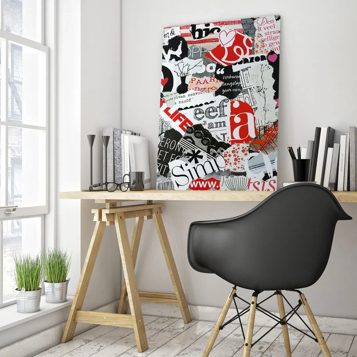 Impression sur verre - Image sur verre - Un collage de lettres, de cœurs et d'arbres dans un style artistique. - 50x70cm - Collage hipster - Décoration murale moderne pour le salon et la chambre ARTTOR