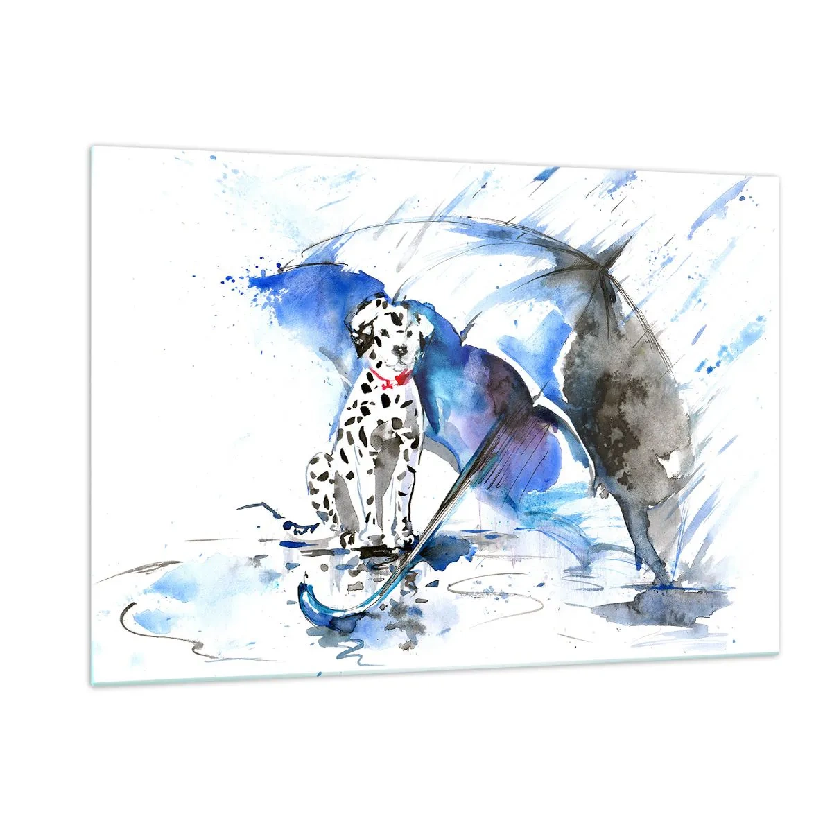 Impression sur verre - Image sur verre - Dalmatien avec un parapluie dans un décor pluvieux - 120x80cm - C'est à ça que sert un ami - Décoration murale moderne pour le salon et la chambre ARTTOR