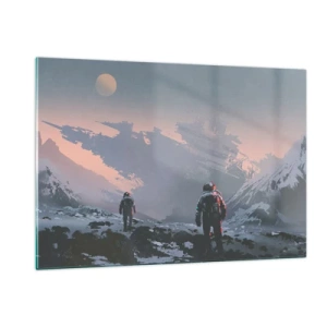Impression sur verre - Image sur verre - Des astronautes sur une planète extraterrestre avec une épave en arrière-plan - 120x80cm - Sous une étoile inconnue - Décoration murale moderne pour le salon et la chambre ARTTOR