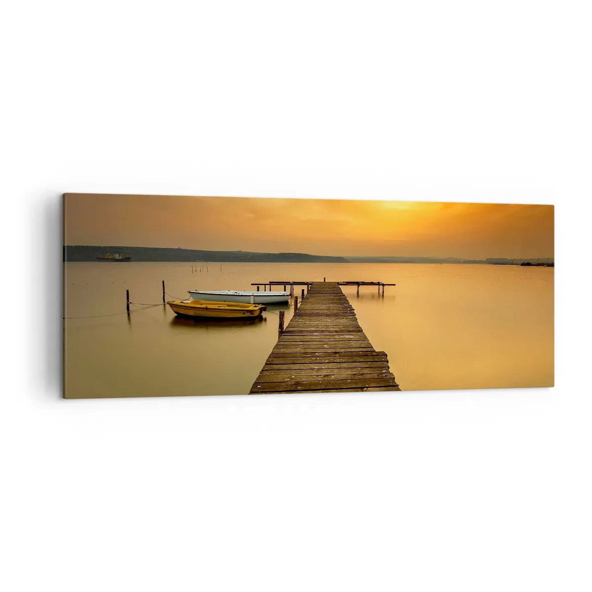 Impression sur toile - Image sur toile - Jetée en bois et bateaux sur le lac au coucher du soleil - 140x50cm - Je t'ouvrirai le ciel d'or - Décoration murale moderne pour le salon et la chambre ARTTOR
