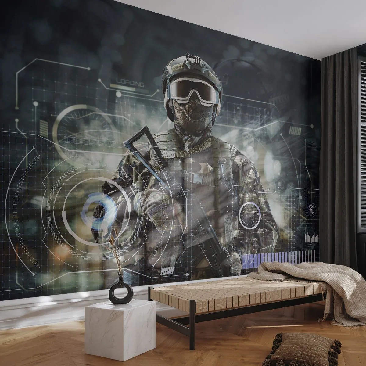 Papier Peint Photo Standard Eco - Soldat futuriste en uniforme avec des éléments numériques - 100x70cm - Puissance sans limite - Décoration murale moderne pour le salon et la chambre ARTTOR