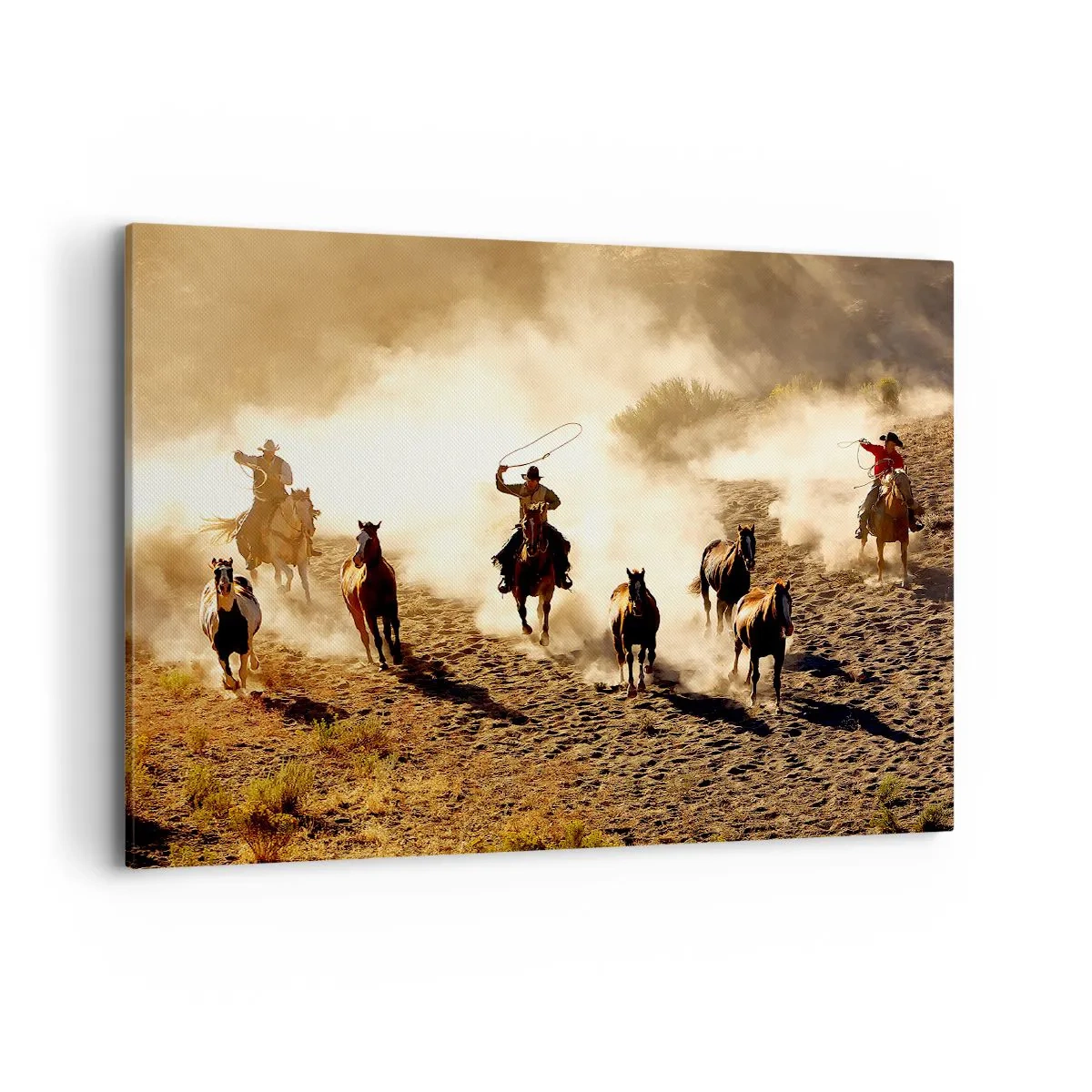 Impression sur toile - Image sur toile - Cowboys à cheval en action sur un terrain désertique - 100x70cm - L'ouest vraiment sauvage - Décoration murale moderne pour le salon et la chambre ARTTOR