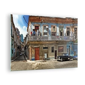 Impression sur verre - Image sur verre - Rue rétro avec des bâtiments classiques et une voiture - 70x50cm - Climat hawaïen - Décoration murale moderne pour le salon et la chambre ARTTOR