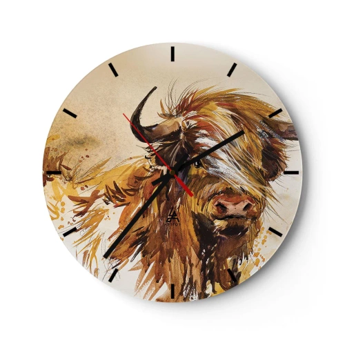 Horloge murale - Pendule murale - Une illustration peinte d'un taureau écossais à la fourrure flottante - 30x30cm - Fierté du chasseur - Décoration murale moderne pour le salon, la cuisine et la chambre ARTTOR