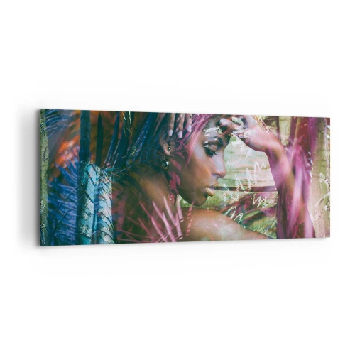 Impression sur toile - Image sur toile - Portrait d'une femme entourée d'une végétation exotique - 120x50cm - Dame Nature dans la jungle - Décoration murale moderne pour le salon et la chambre ARTTOR