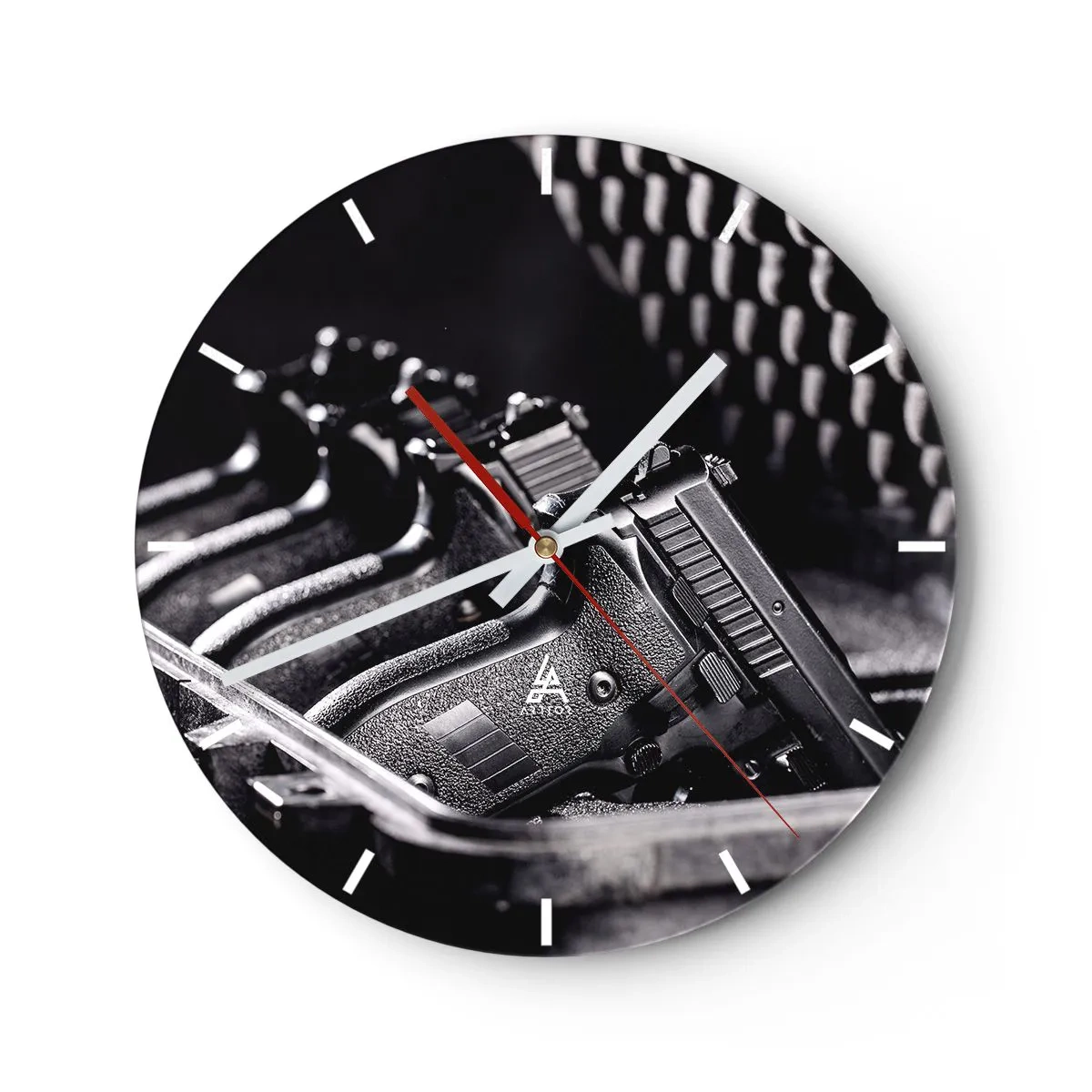 Horloge murale - Pendule murale - Motif noir et blanc avec détail d'arme à feu - 30x30cm - Sport masculin - Décoration murale moderne pour le salon, la cuisine et la chambre ARTTOR