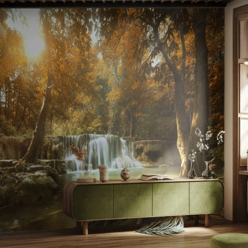 Papier Peint Photo Premium Canvas - Paysage d'automne avec une cascade - 100x70cm - Cascade du parc - Décoration murale moderne pour le salon et la chambre ARTTOR
