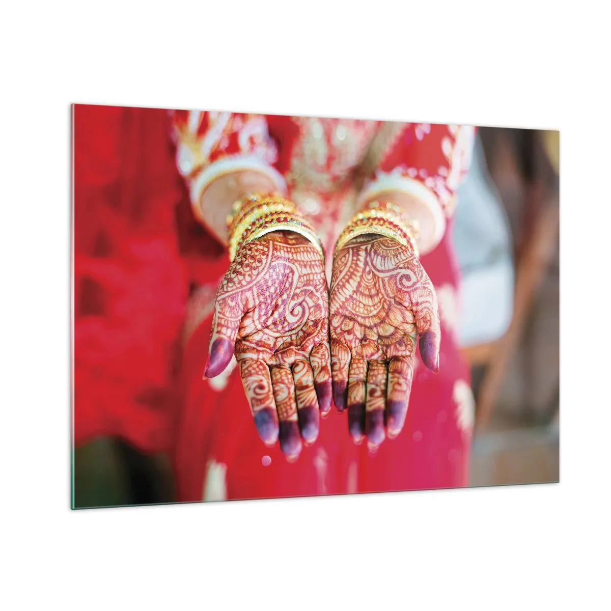 Impression sur verre - Image sur verre - Mains au henné en tenue traditionnelle sur fond rouge - 100x70cm - Prêt à saisir votre chance - Décoration murale moderne pour le salon et la chambre ARTTOR