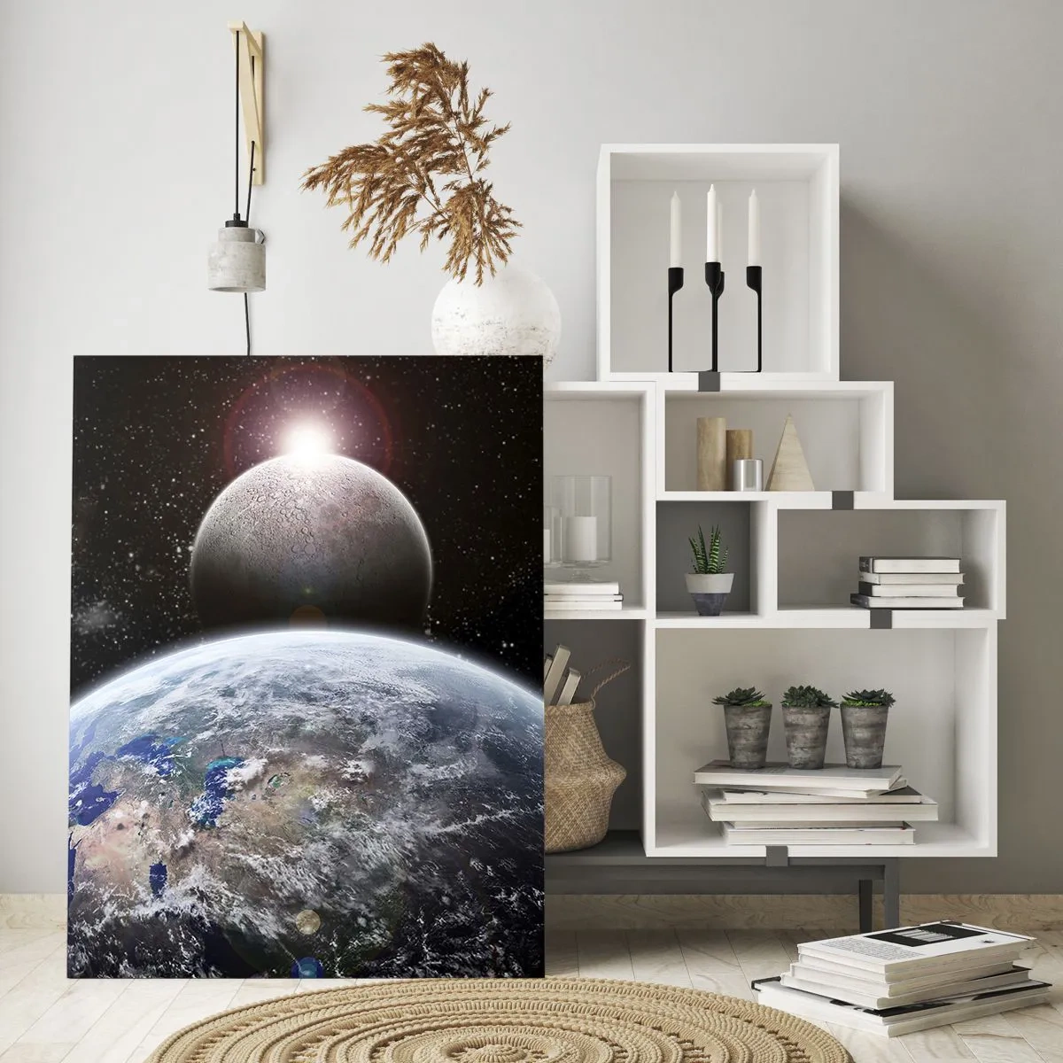 Impression sur verre - Image sur verre - La Terre et la Lune dans l'espace - 50x70cm - Paysage cosmique - lever de soleil - Décoration murale moderne pour le salon et la chambre ARTTOR