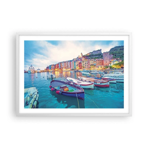 Affiche dans un cadre blanc - Poster - Soirée colorée au port - 70x50 cm