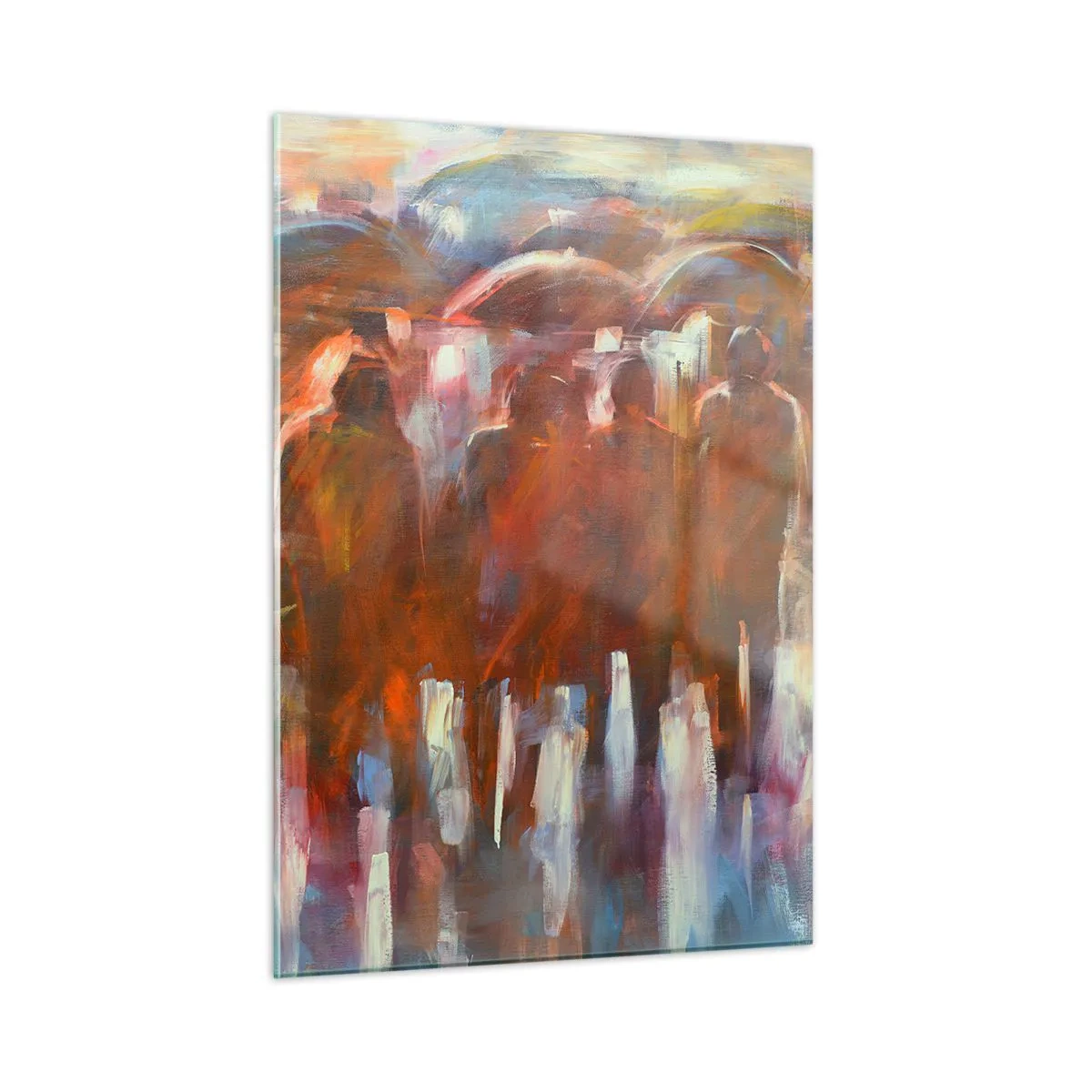 Impression sur verre - Image sur verre - Une foule de personnes avec des parapluies dans une abstraction artistique - 50x70cm - Identiques sous la pluie et dans le brouillard - Décoration murale moderne pour le salon et la chambre ARTTOR