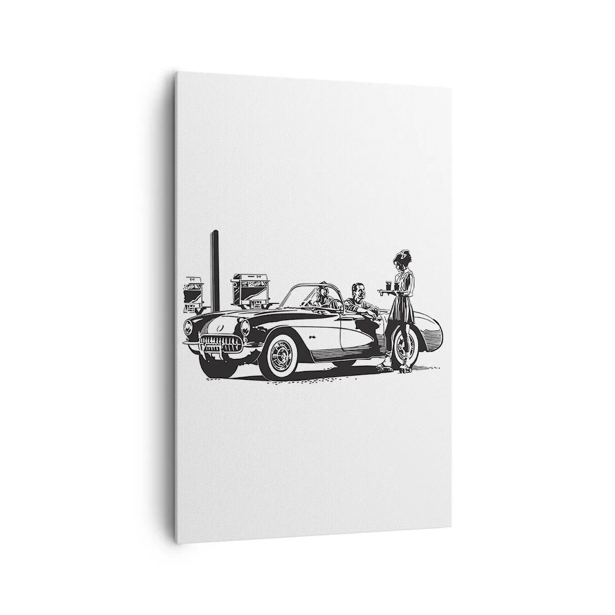 Impression sur toile - Image sur toile - Une scène rétro en noir et blanc avec une voiture et une serveuse en patins à roulettes. - 80x120cm - 60's - Amérique insouciante - Décoration murale moderne pour le salon et la chambre ARTTOR