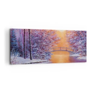 Impression sur toile - Image sur toile - Paysage d'hiver avec un pont et un coucher de soleil - 120x50cm - On se rencontre ici - Décoration murale moderne pour le salon et la chambre ARTTOR
