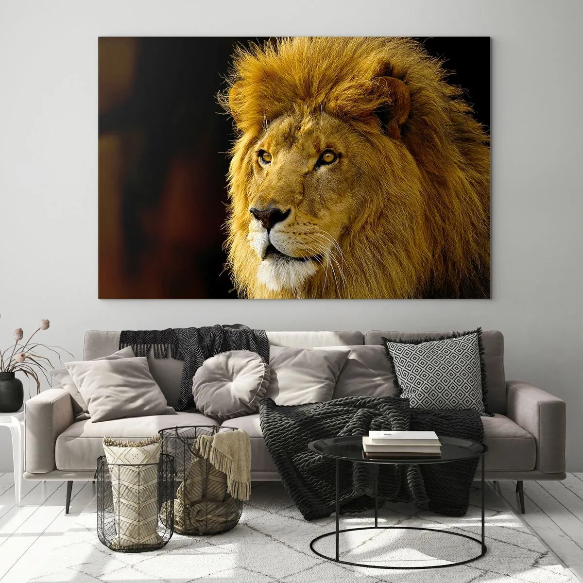 Impression sur verre - Image sur verre - Portrait d'un lion majestueux sur fond sombre - 70x50cm - Portrait de roi - Décoration murale moderne pour le salon et la chambre ARTTOR