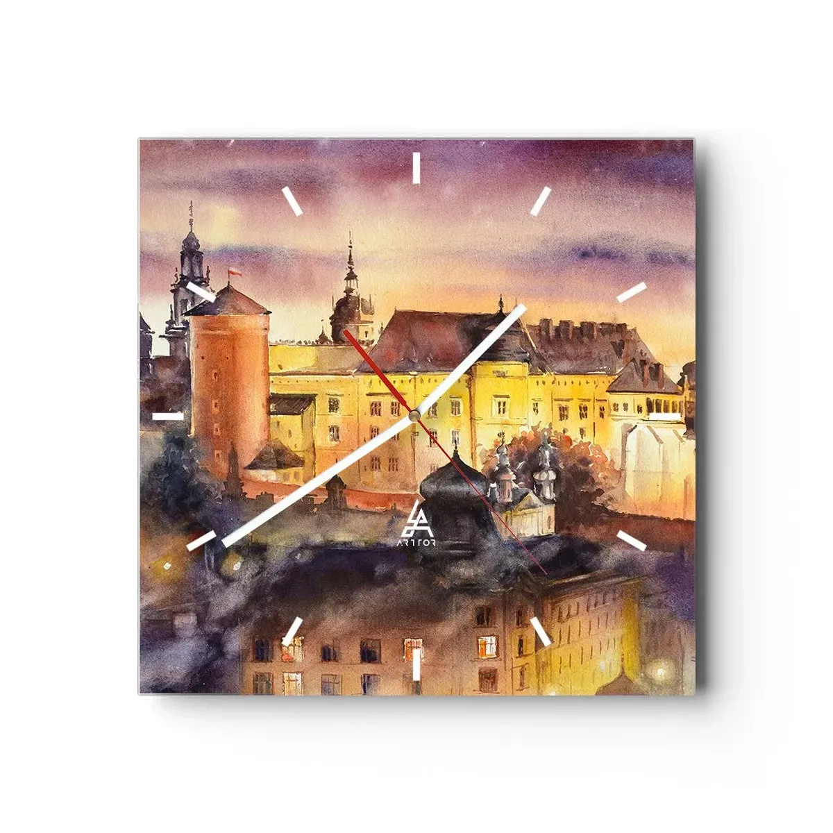 Horloge murale - Pendule murale - Une aquarelle pittoresque d'un château au coucher du soleil - 30x30cm - Histoire et conte de fées - Décoration murale moderne pour le salon et la chambre ARTTOR