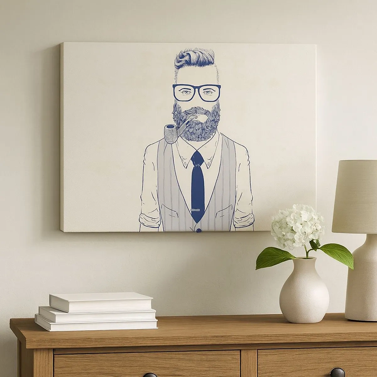 Impression sur toile - Image sur toile - Homme stylisé avec une barbe, une pipe et des lunettes - 70x50cm - Gai, masculin et à la mode - Décoration murale moderne pour le salon et la chambre ARTTOR