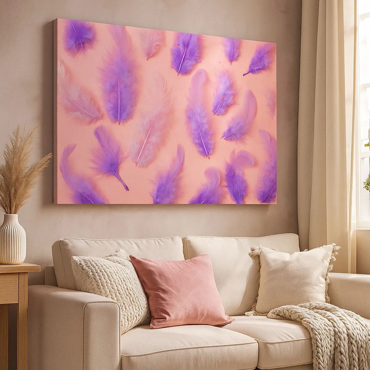 Impression sur toile - Image sur toile - Plumes violettes et roses sur fond pastel - 70x50cm - Oiseau de désir lilas - Décoration murale moderne pour le salon et la chambre ARTTOR