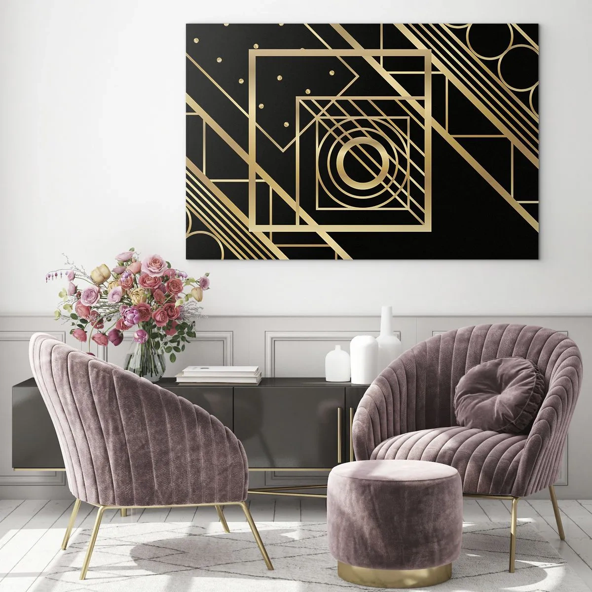 Impression sur verre - Image sur verre - Motifs géométriques dorés sur fond noir - 70x50cm - Géométrie en or - Décoration murale moderne pour le salon et la chambre ARTTOR