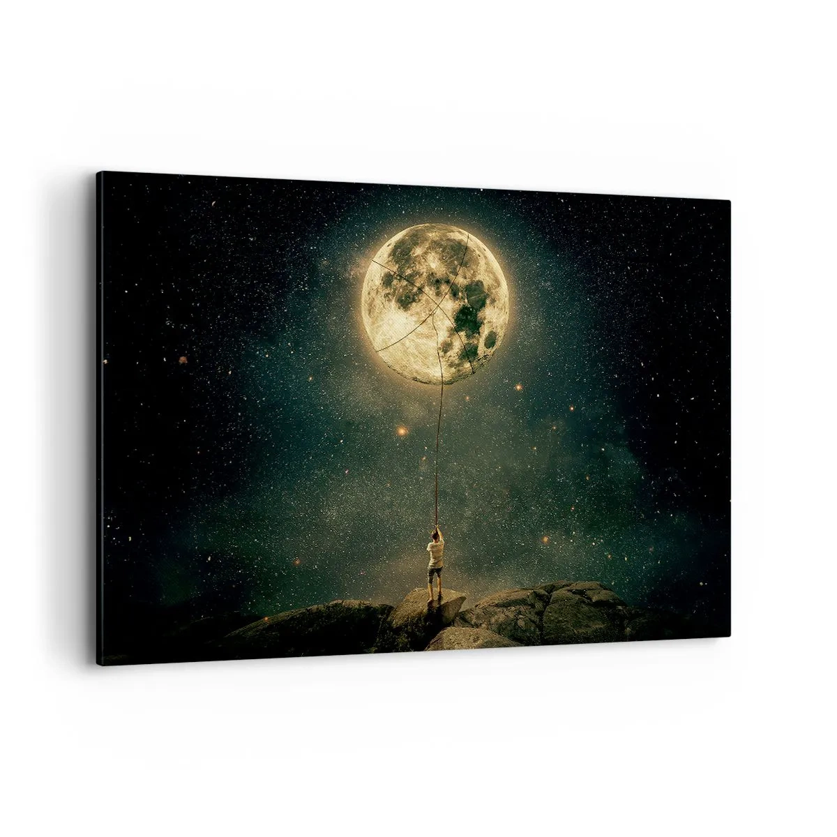 Impression sur toile - Image sur toile - L'homme avec la lune contre le ciel étoilé - 120x80cm - Celui qui a volé la lune - Décoration murale moderne pour le salon et la chambre ARTTOR