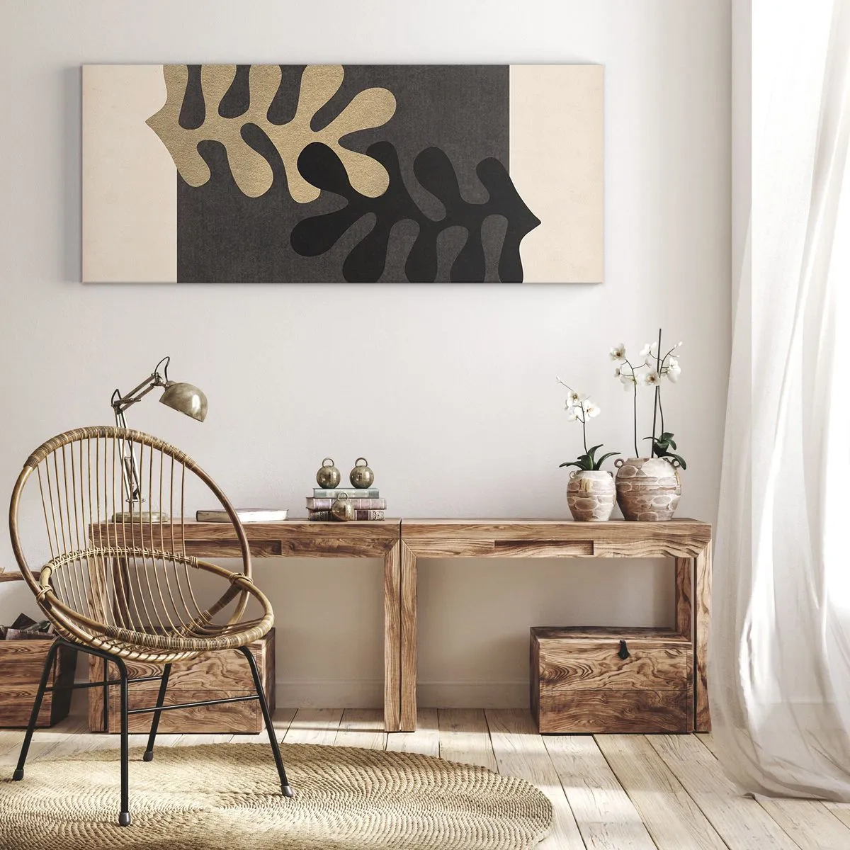 Impression sur toile - Image sur toile - Feuilles abstraites en noir et beige sur un fond rectangulaire - 160x50cm - Absence et complément - Décoration murale moderne pour le salon et la chambre ARTTOR
