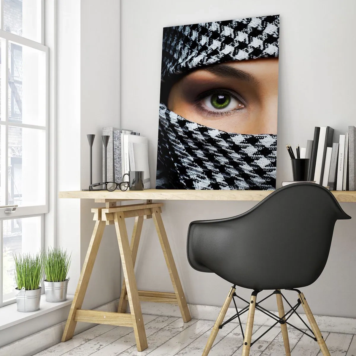 Impression sur verre - Image sur verre - Yeux verts entourés d'un motif noir et blanc - 50x70cm - Un portrait d'une beauté voilée aux yeux verts - Décoration murale moderne pour le salon et la chambre ARTTOR