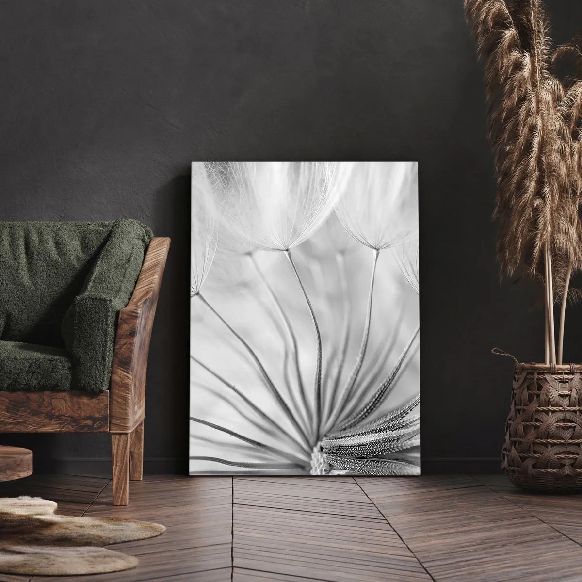 Impression sur toile - Image sur toile - Pissenlits délicats dans des tons noir et blanc - 50x70cm - Aigrette avant son envol - Décoration murale moderne pour le salon et la chambre ARTTOR