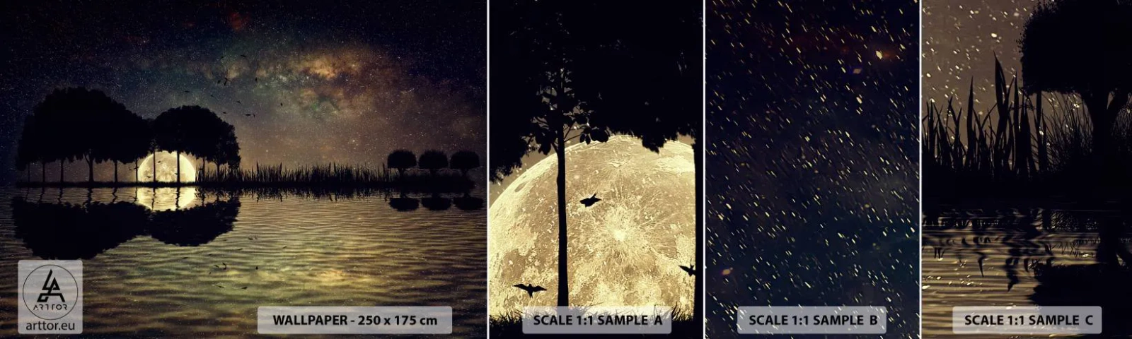 Échantillon de Papier Peint Autocollant Deluxe Sticker - Nuit au bout du monde - Paysage, Lac, Lune - 100x30 cm