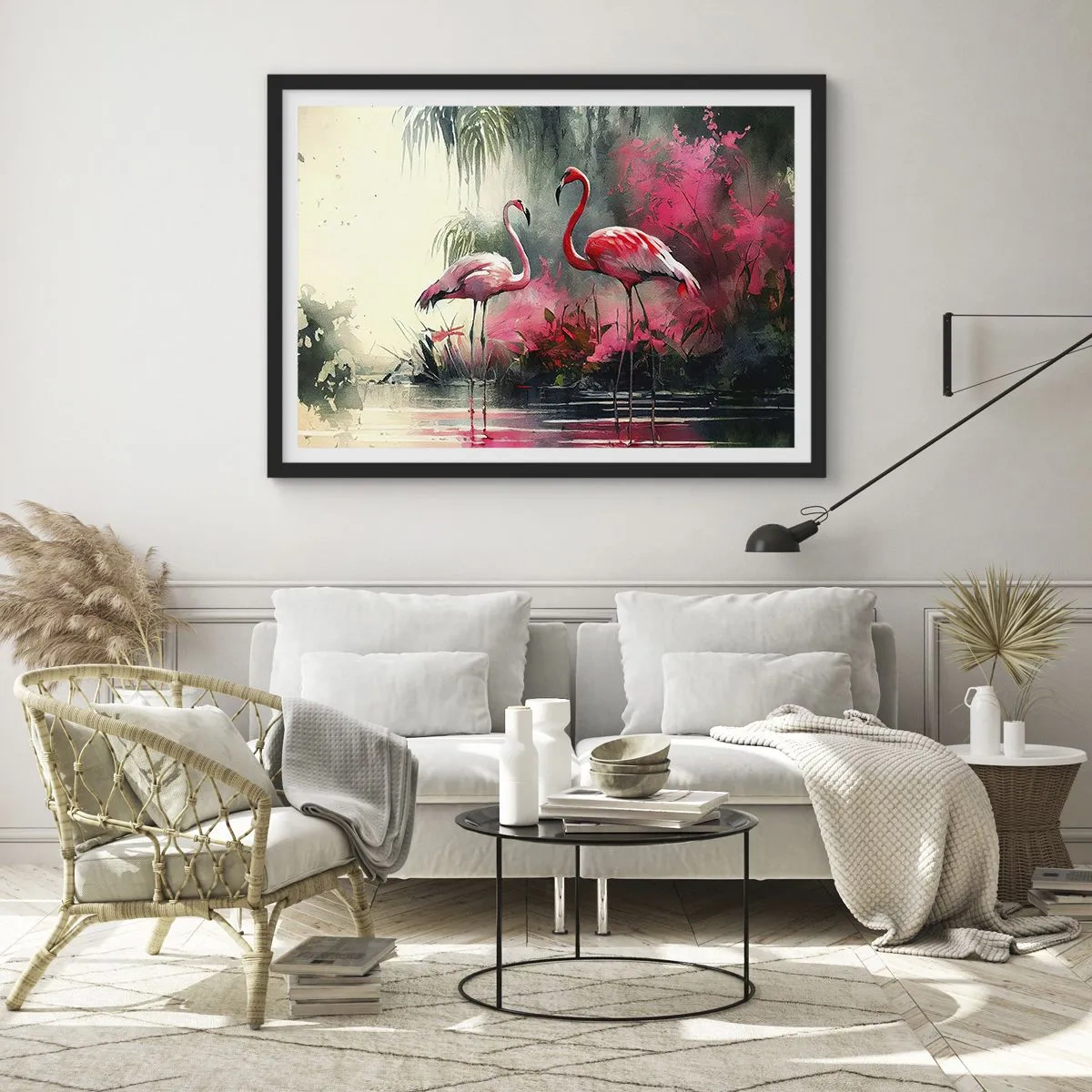 Affiche dans un cadre noir - Poster - Flamants roses au bord de l'eau entourés de végétation - 70x50cm - Une leçon de grâce naturelle - Décoration murale moderne pour le salon et la chambre ARTTOR