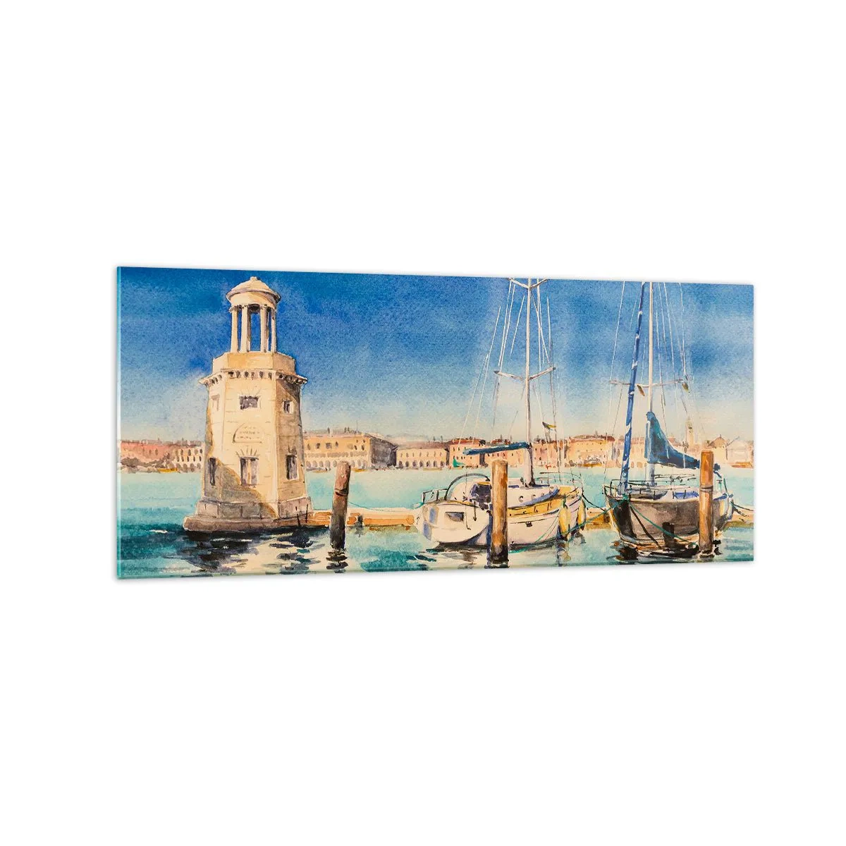 Impression sur verre - Image sur verre - Marina avec bateaux sur fond de lagon bleu - 120x50cm - Lagune ensoleillée - Décoration murale moderne pour le salon et la chambre ARTTOR
